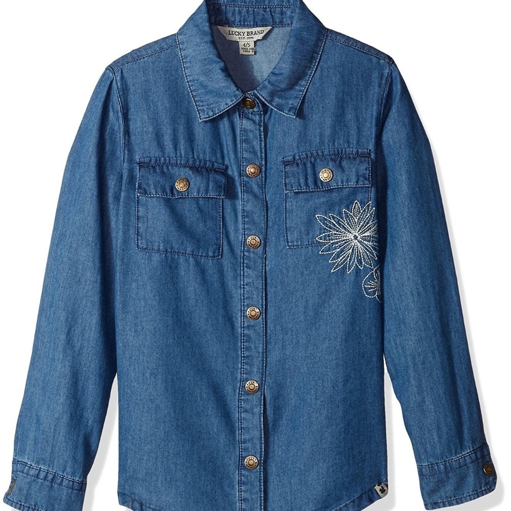 Lucky Brand Girls Chambray Embroidered Denim Shirt Snap Up Pockets Size M L Blue